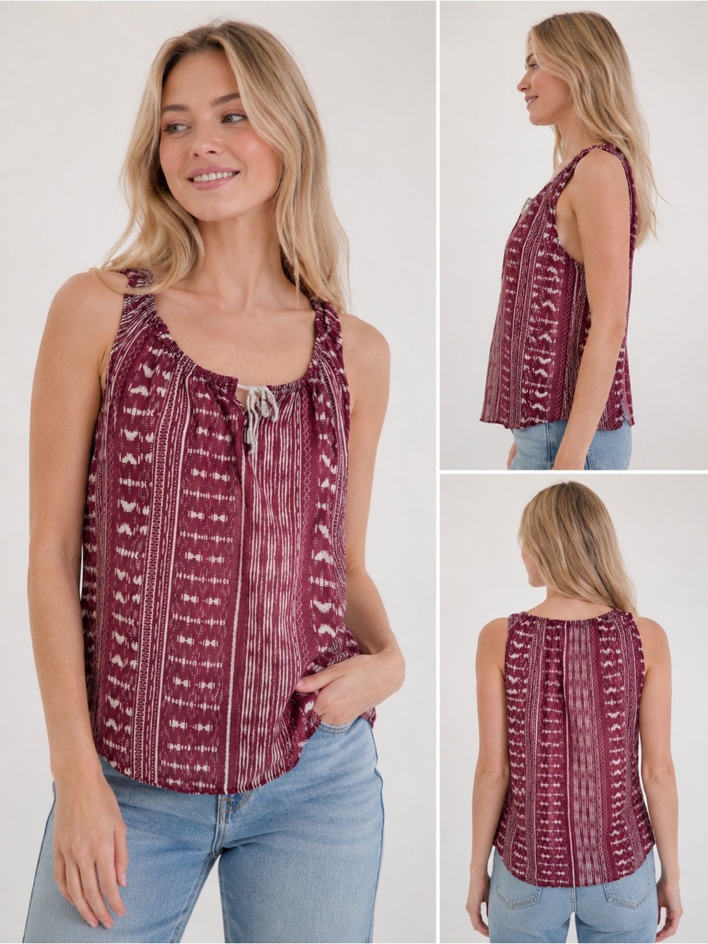 Eddie Bauer Women’s S Boho Tank Top Burgundy Tribal Print 100% Cotton Sleeveless